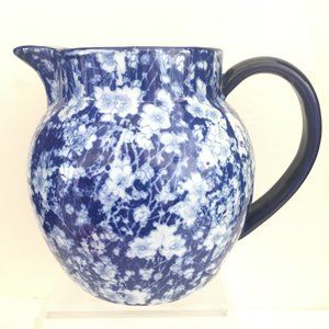 Ironstone China Flow Blue Pitcher Blue White Calico Floral Marked 6 in Tall #3